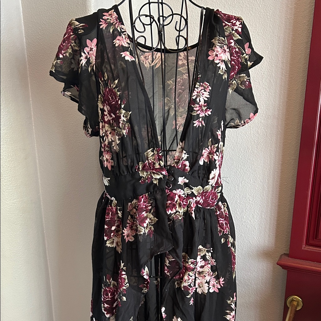 Floral Sheer Black Hi Low Dress